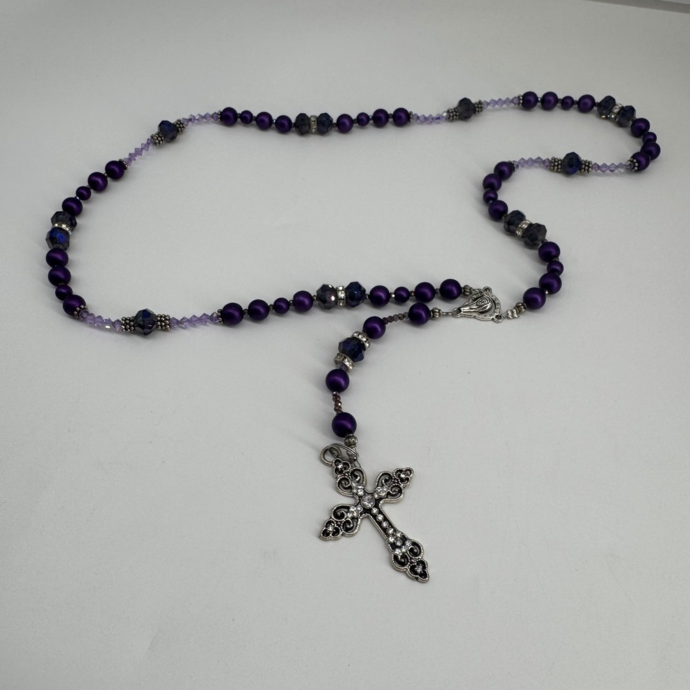 Handmade Catholic Rosary Necklace – Ornate Rhinestone Crucifix & Pearlized Beads